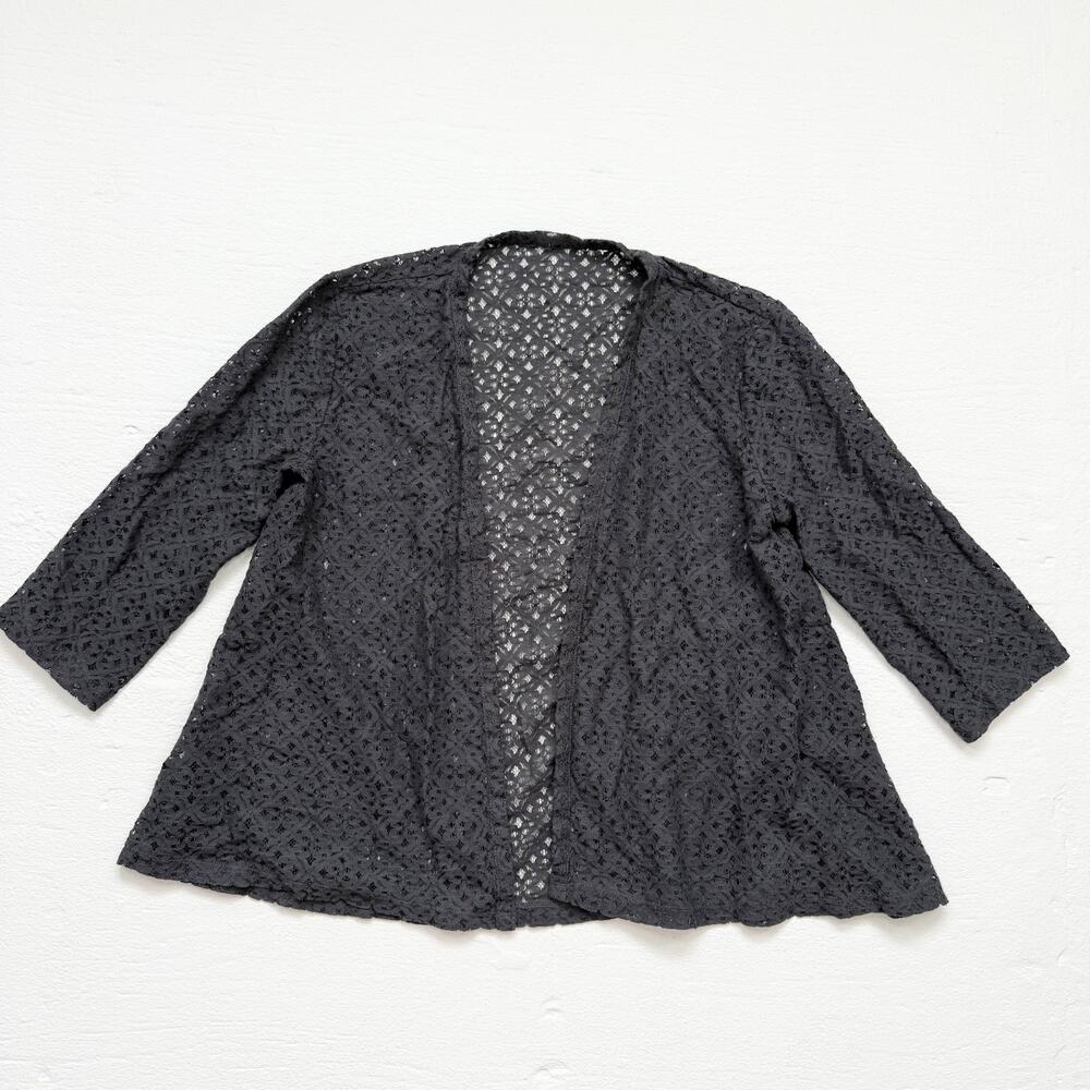 Lace Open Front Cardigan Crop Sleeve Charcoal Gray, Size Medium